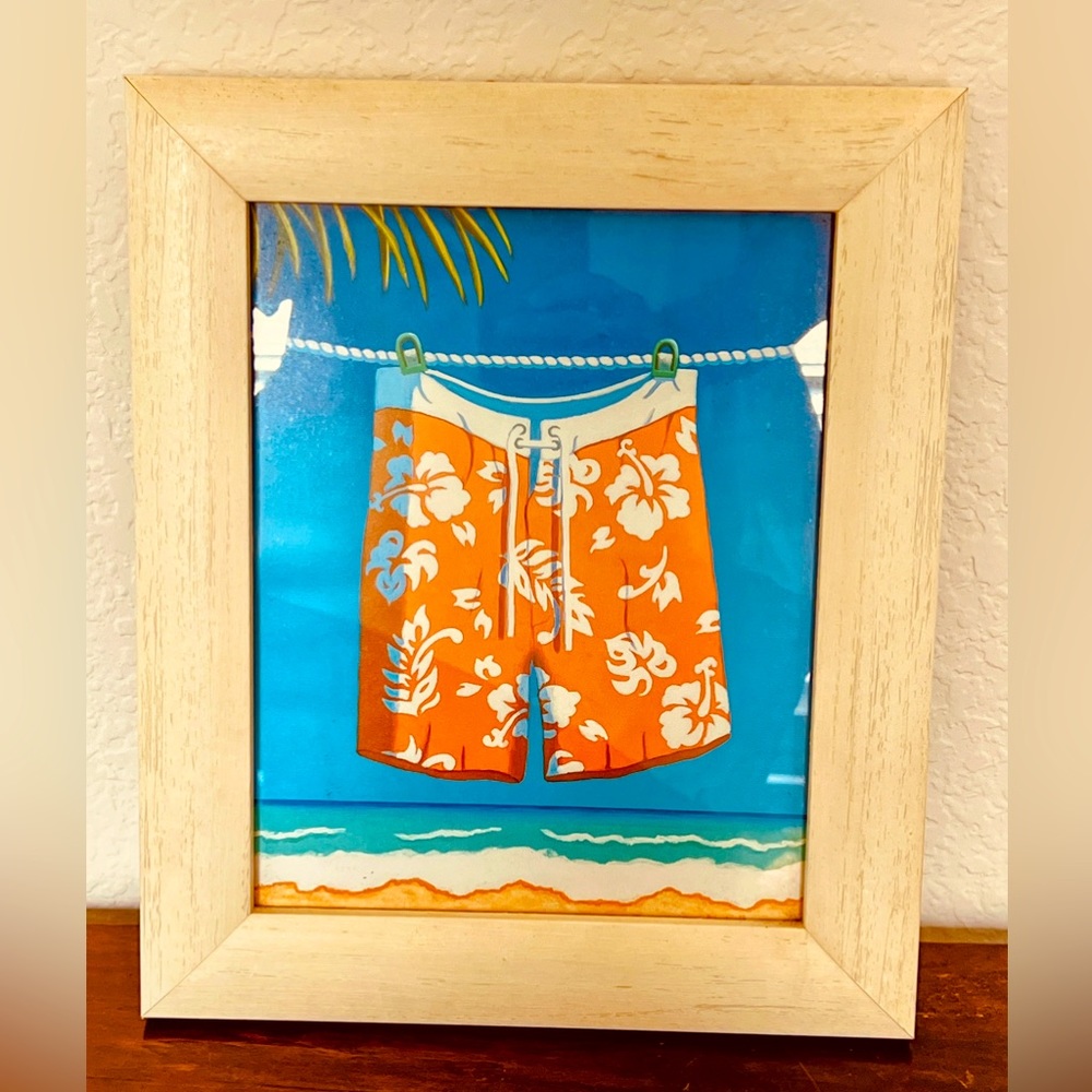 Beach bound decor art framed in wood - boardshorts decor - NWOT